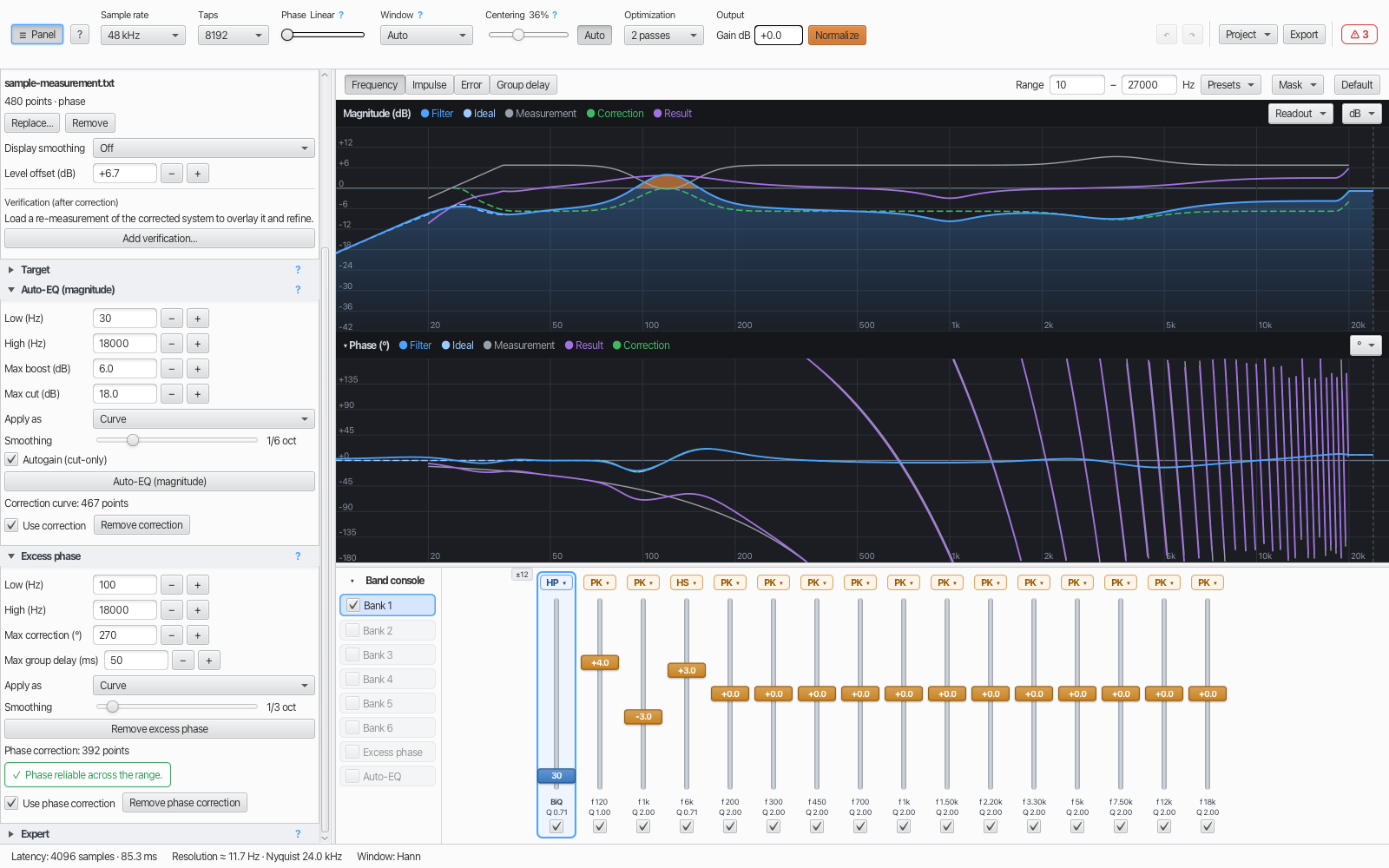 FIRDesign showing a measured loudspeaker response with magnitude and phase charts, target and Auto-EQ correction, and the band console